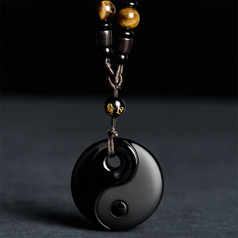 Buddha Stones Yin Yang Symbol Om Mani Padme Hum Black Obsidian Strength Necklace Pendant