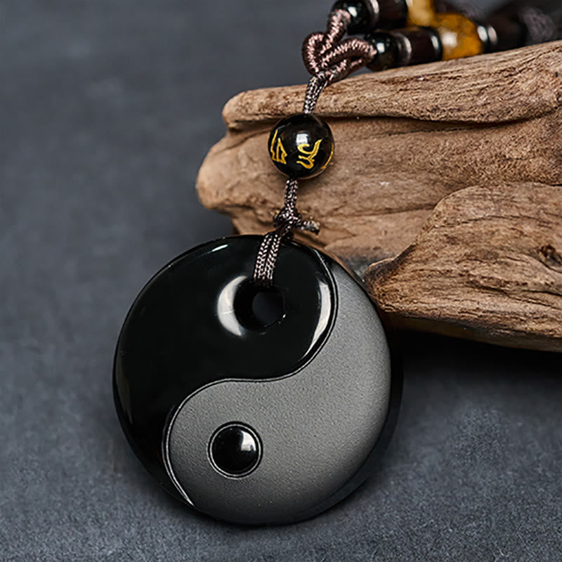 Buddha Stones Yin Yang Symbol Om Mani Padme Hum Black Obsidian Strength Necklace Pendant