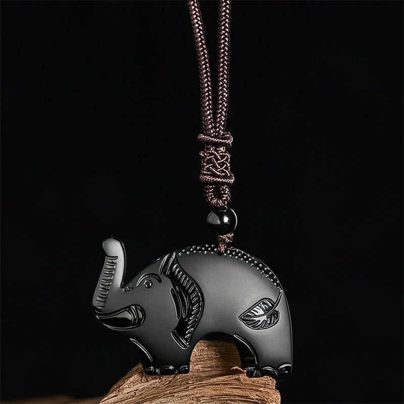 Buddha Stones Elephant Symbol Carved Design Black Obsidian Strength Necklace Pendant
