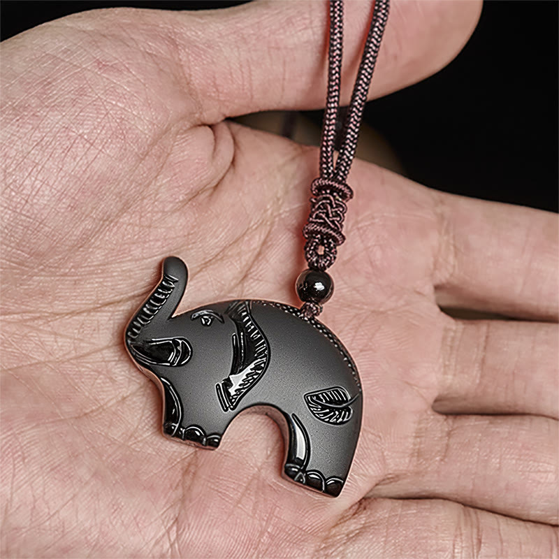 Buddha Stones Elephant Symbol Carved Design Black Obsidian Strength Necklace Pendant
