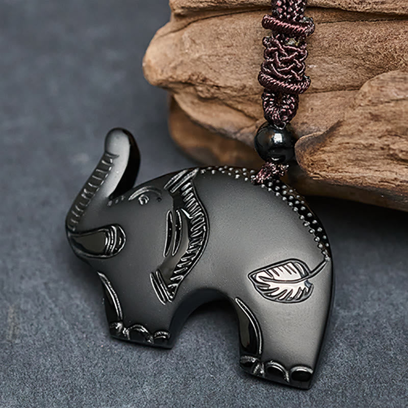 Buddha Stones Elephant Symbol Carved Design Black Obsidian Strength Necklace Pendant