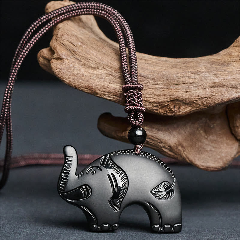 Buddha Stones Elephant Symbol Carved Design Black Obsidian Strength Necklace Pendant