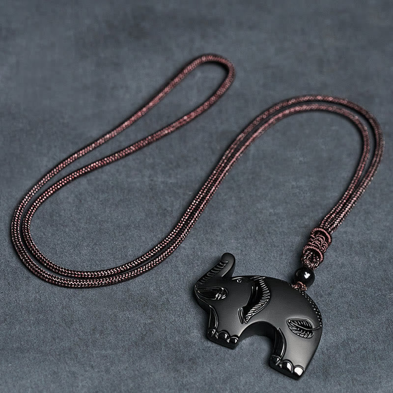 Buddha Stones Elephant Symbol Carved Design Black Obsidian Strength Necklace Pendant