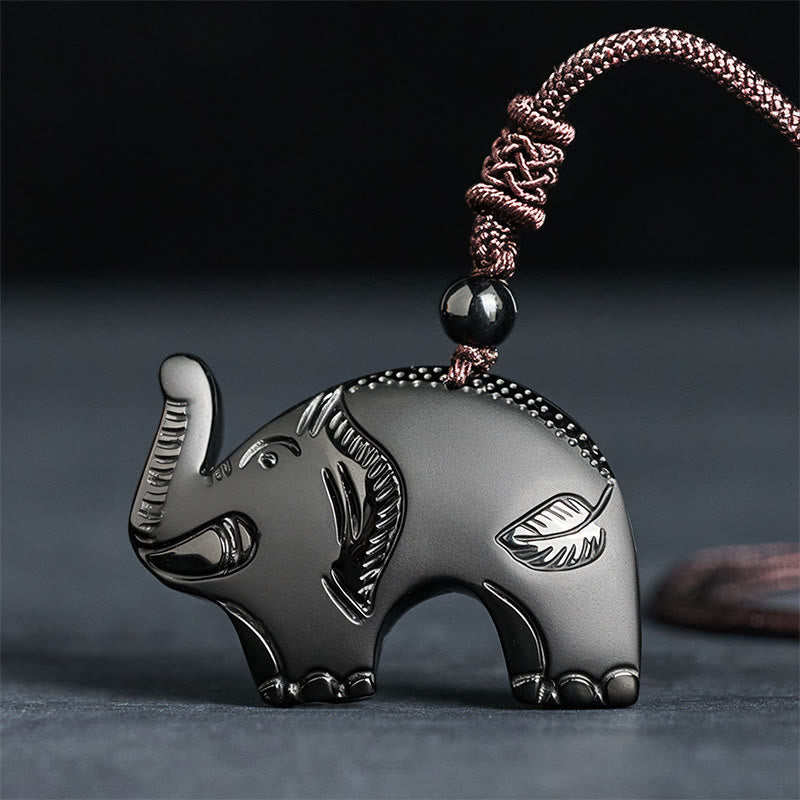 Buddha Stones Elephant Symbol Carved Design Black Obsidian Strength Necklace Pendant