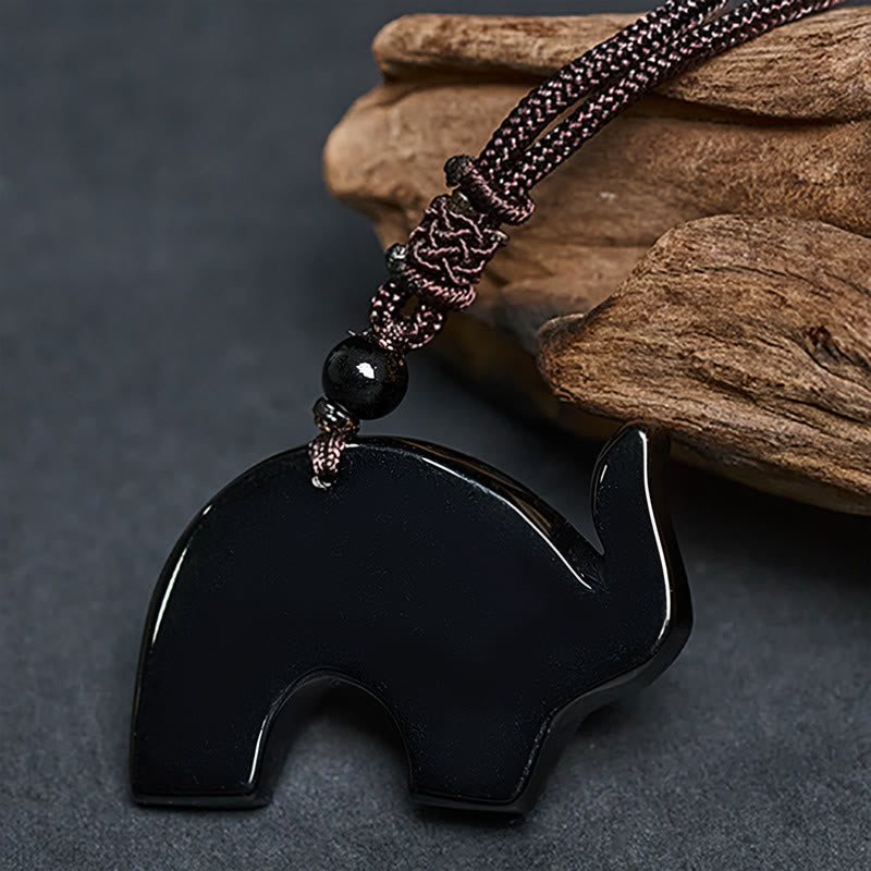 Buddha Stones Elephant Symbol Carved Design Black Obsidian Strength Necklace Pendant