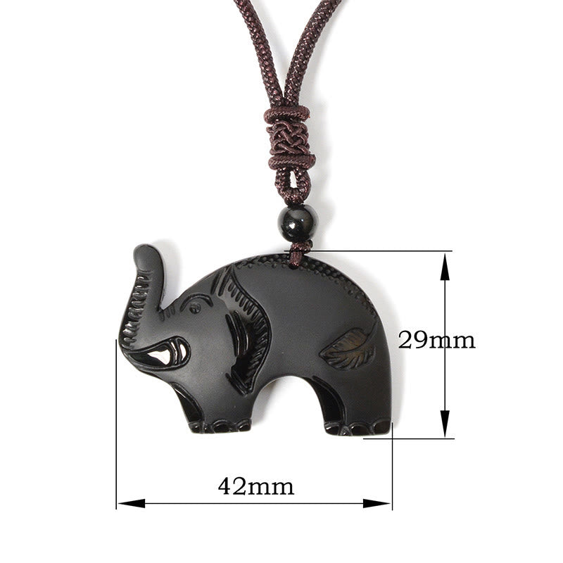 Buddha Stones Elephant Symbol Carved Design Black Obsidian Strength Necklace Pendant