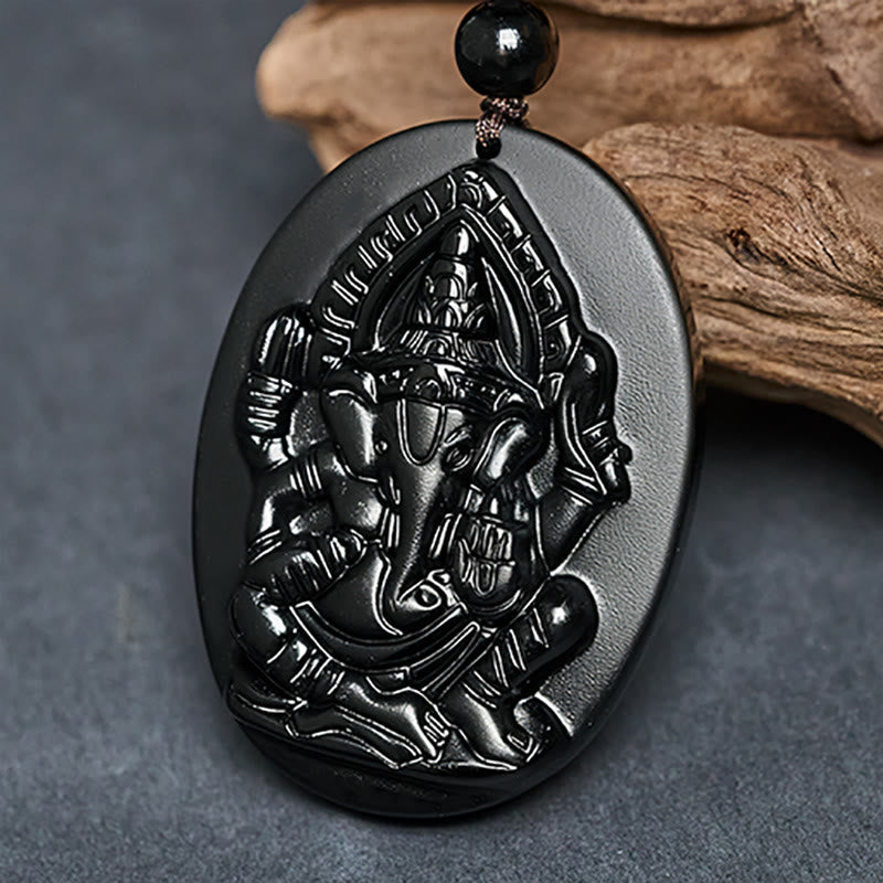 Buddha Stones Ganesh Elephant Relief Design Natural Black Obsidian Strength Necklace Pendant