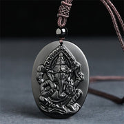 Buddha Stones Ganesh Elephant Relief Design Natural Black Obsidian Strength Necklace Pendant