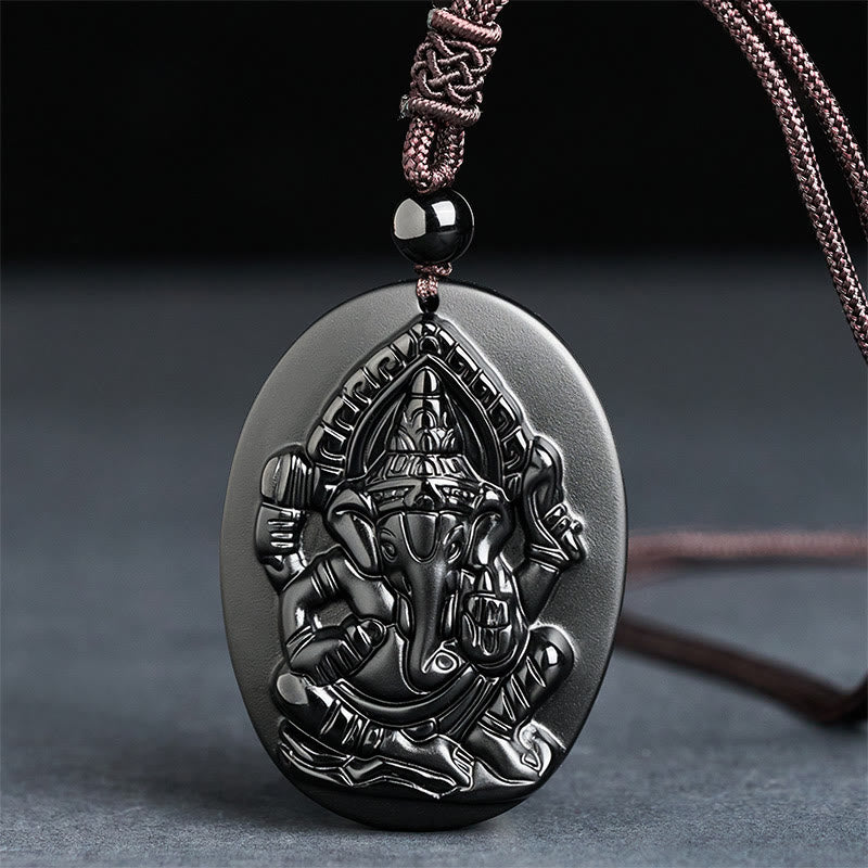 Buddha Stones Ganesh Elephant Relief Design Natural Black Obsidian Strength Necklace Pendant