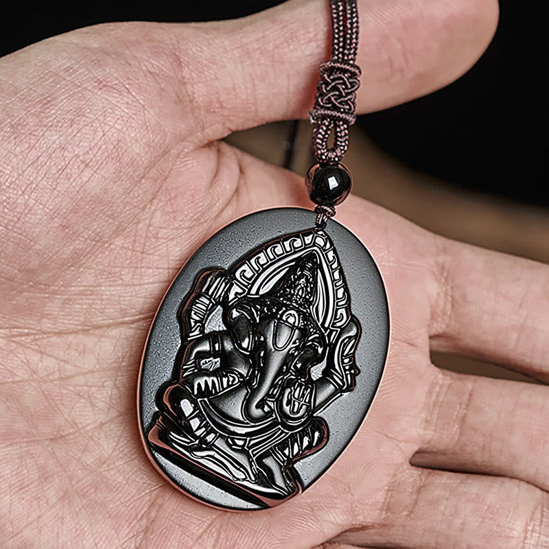 Buddha Stones Ganesh Elephant Relief Design Natural Black Obsidian Strength Necklace Pendant