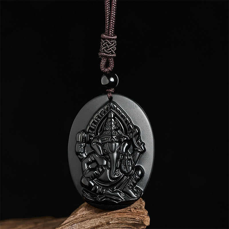 Buddha Stones Ganesh Elephant Relief Design Natural Black Obsidian Strength Necklace Pendant