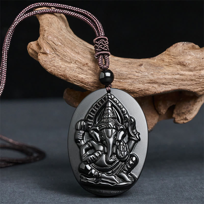 Buddha Stones Ganesh Elephant Relief Design Natural Black Obsidian Strength Necklace Pendant