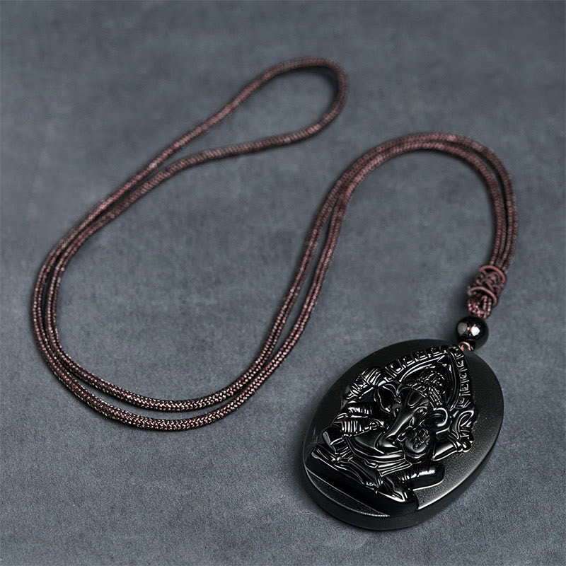 Buddha Stones Ganesh Elephant Relief Design Natural Black Obsidian Strength Necklace Pendant