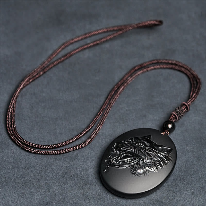 Buddha Stones Wolf Head Natural Black Obsidian Strength Necklace Pendant