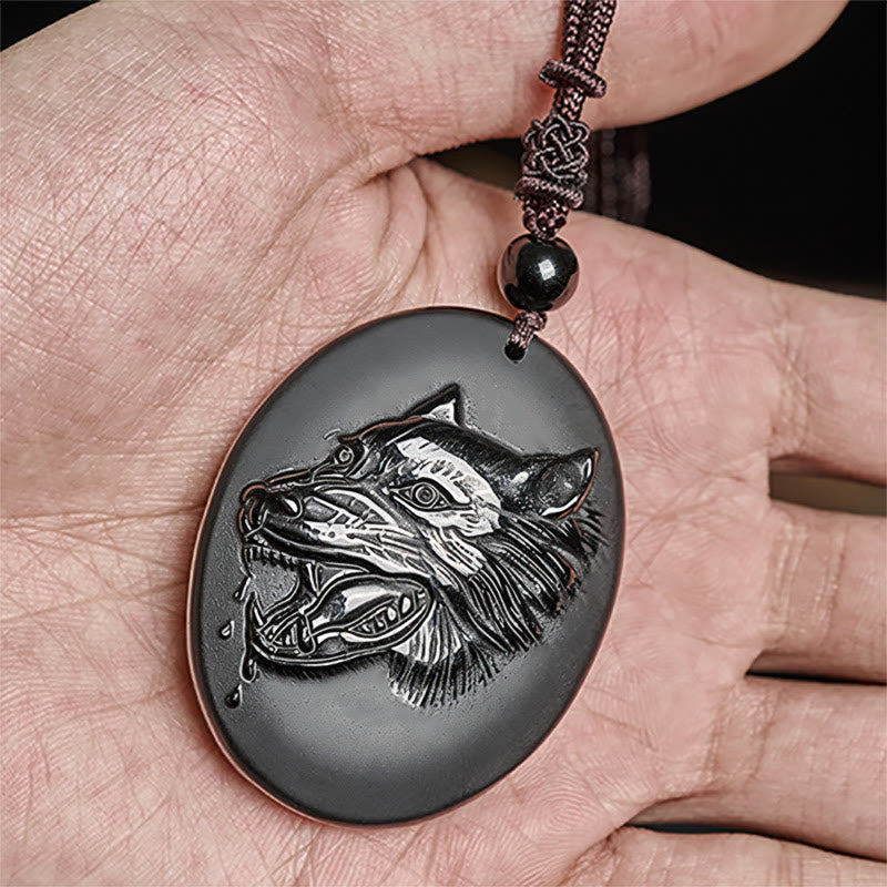 Buddha Stones Wolf Head Natural Black Obsidian Strength Necklace Pendant