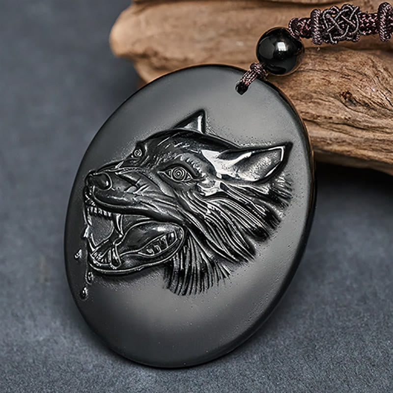 Buddha Stones Wolf Head Natural Black Obsidian Strength Necklace Pendant