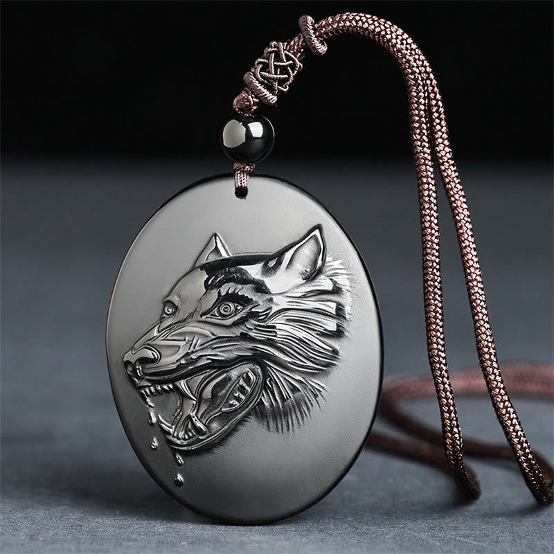 Buddha Stones Wolf Head Natural Black Obsidian Strength Necklace Pendant