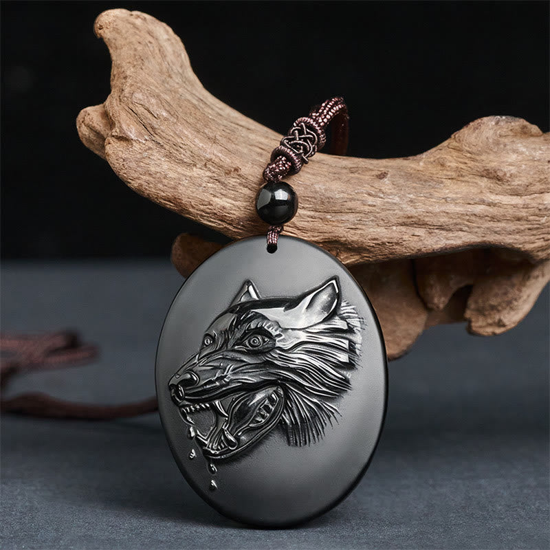 Buddha Stones Wolf Head Natural Black Obsidian Strength Necklace Pendant