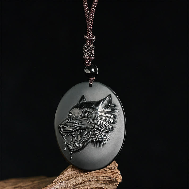 Buddha Stones Wolf Head Natural Black Obsidian Strength Necklace Pendant