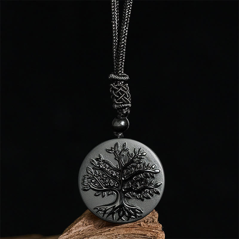 Buddha Stones Natural The Tree of Life Pattern Black Obsidian Transformation Necklace Pendant