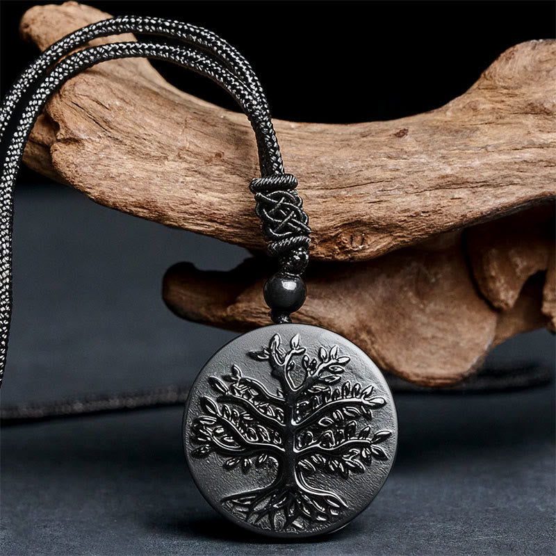 Buddha Stones Natural The Tree of Life Pattern Black Obsidian Transformation Necklace Pendant