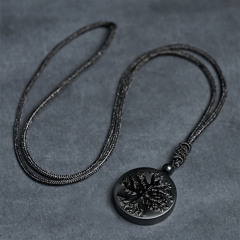 Buddha Stones Natural The Tree of Life Pattern Black Obsidian Transformation Necklace Pendant