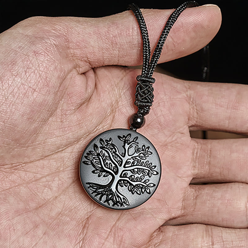 Buddha Stones Natural The Tree of Life Pattern Black Obsidian Transformation Necklace Pendant