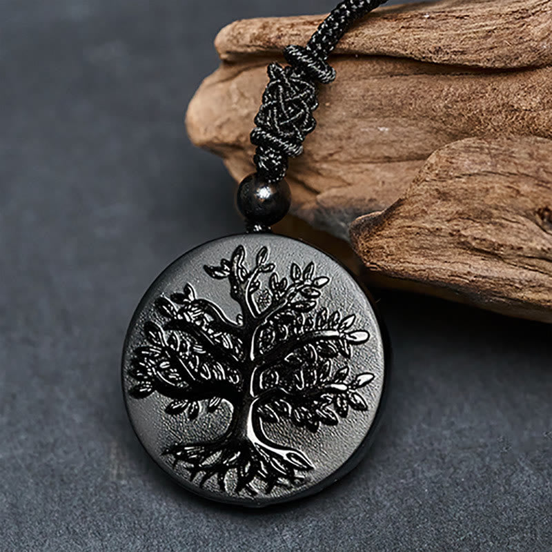 Buddha Stones Natural The Tree of Life Pattern Black Obsidian Transformation Necklace Pendant