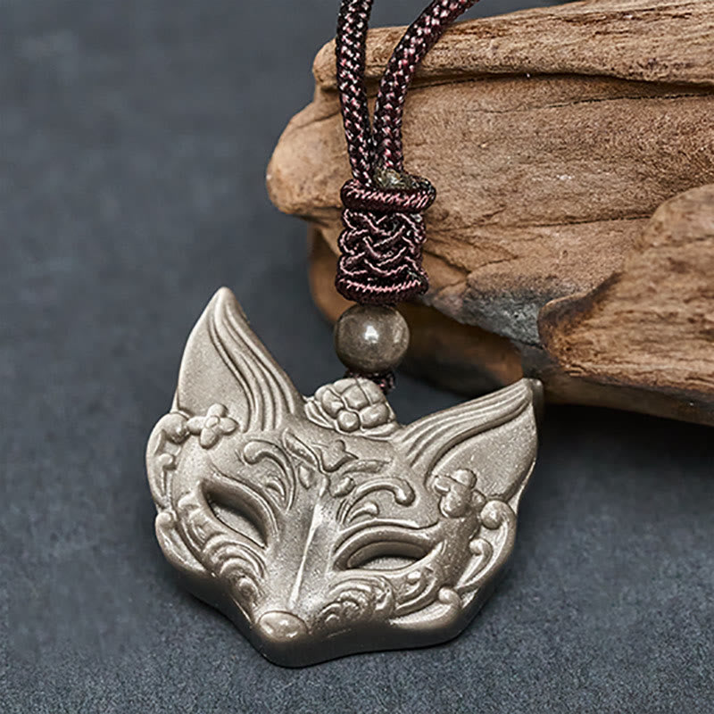 Buddha Stones Relief Fox Design Silver Sheen Obsidian Ice Obsidian Protection Necklace Pendant