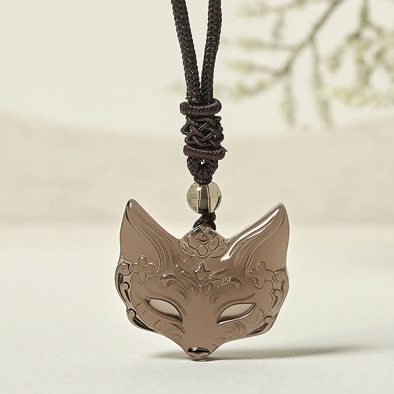 Buddha Stones Relief Fox Design Silver Sheen Obsidian Ice Obsidian Protection Necklace Pendant
