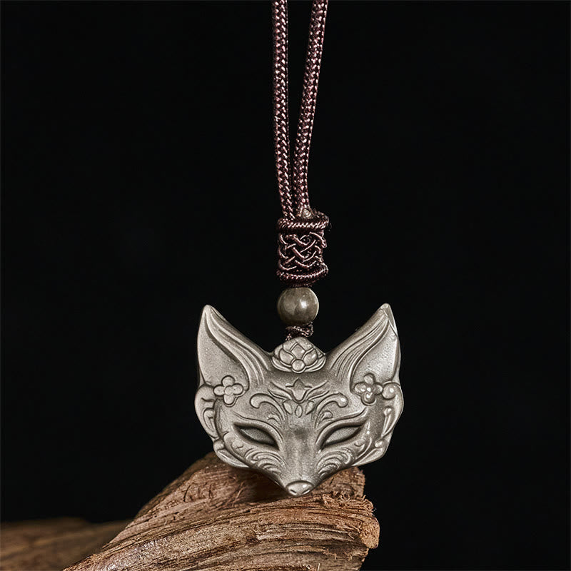 Buddha Stones Relief Fox Design Silver Sheen Obsidian Ice Obsidian Protection Necklace Pendant