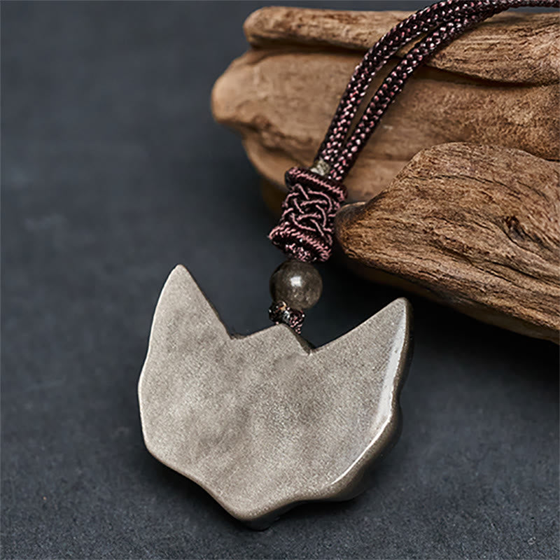 Buddha Stones Relief Fox Design Silver Sheen Obsidian Ice Obsidian Protection Necklace Pendant