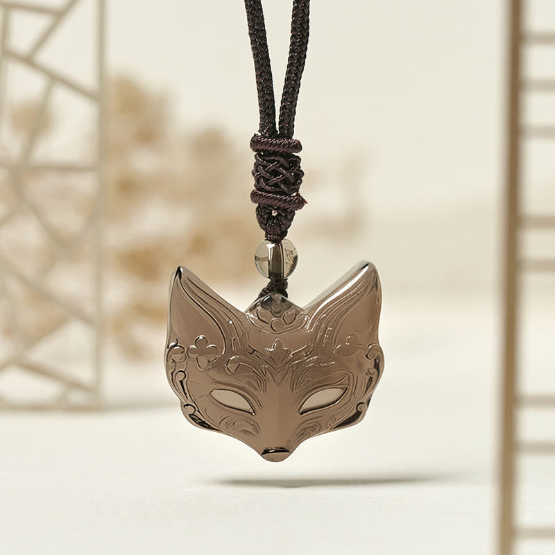 Buddha Stones Relief Fox Design Silver Sheen Obsidian Ice Obsidian Protection Necklace Pendant