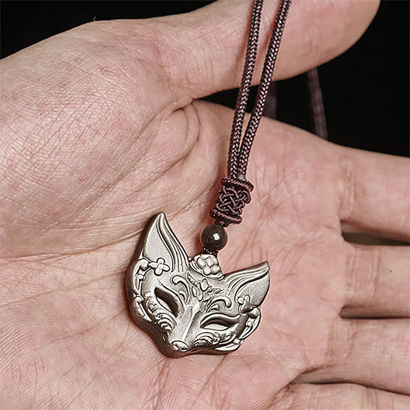 Buddha Stones Relief Fox Design Silver Sheen Obsidian Ice Obsidian Protection Necklace Pendant