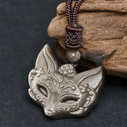 Buddha Stones Relief Fox Design Silver Sheen Obsidian Ice Obsidian Protection Necklace Pendant