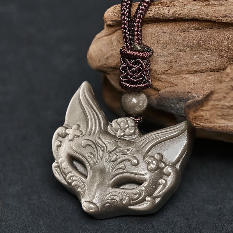 Buddha Stones Relief Fox Design Silver Sheen Obsidian Ice Obsidian Protection Necklace Pendant
