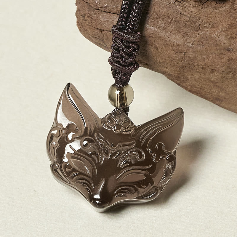 Buddha Stones Relief Fox Design Silver Sheen Obsidian Ice Obsidian Protection Necklace Pendant