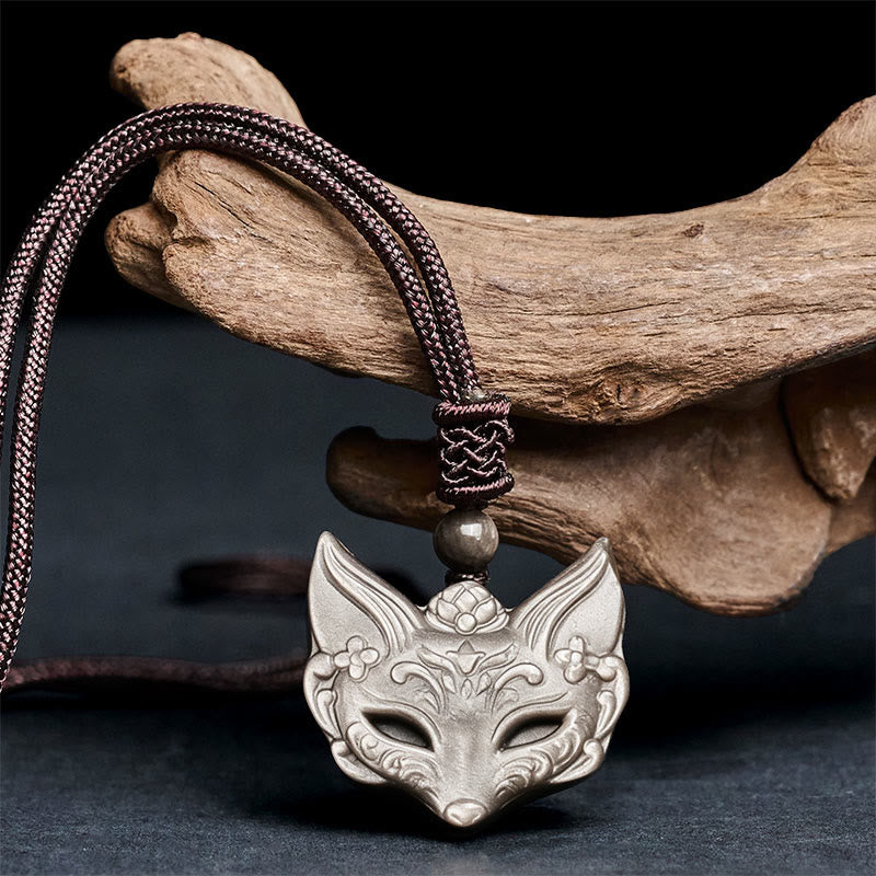 Buddha Stones Relief Fox Design Silver Sheen Obsidian Ice Obsidian Protection Necklace Pendant