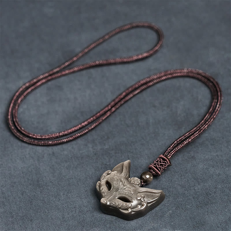 Buddha Stones Relief Fox Design Silver Sheen Obsidian Ice Obsidian Protection Necklace Pendant