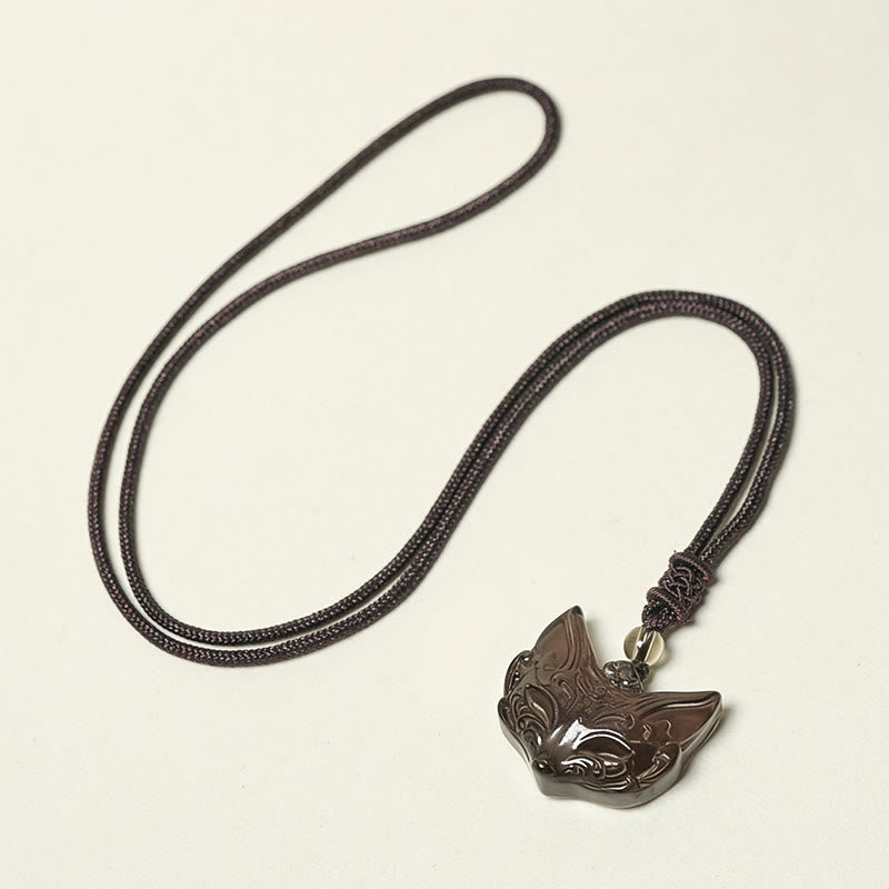 Buddha Stones Relief Fox Design Silver Sheen Obsidian Ice Obsidian Protection Necklace Pendant