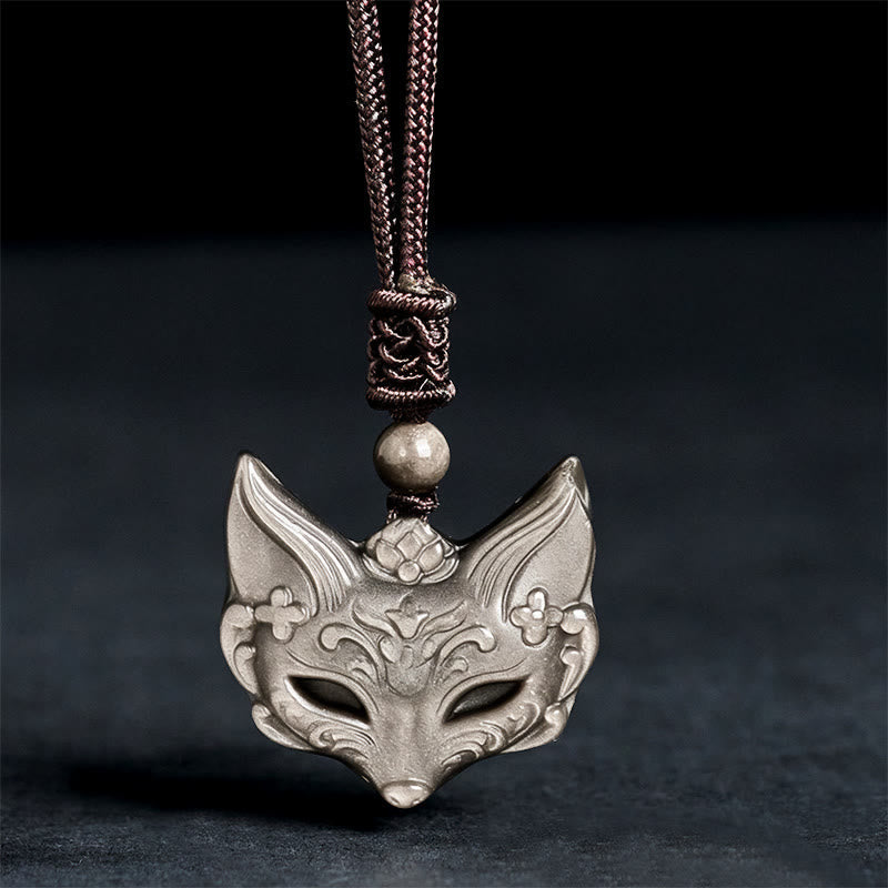 Buddha Stones Relief Fox Design Silver Sheen Obsidian Ice Obsidian Protection Necklace Pendant