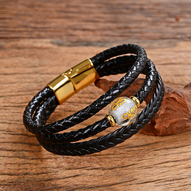 EverestArtStudios Multicolored Bead Green Tiger Eye Amethyst Craved Six True Words Leather Balance Bracelet