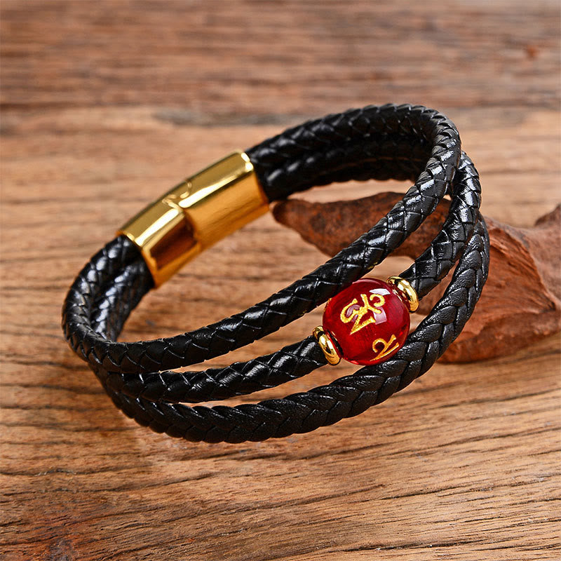 Buddha Stones Multicolored Bead Green Tiger Eye Amethyst Craved Six True Words Leather Balance Bracelet