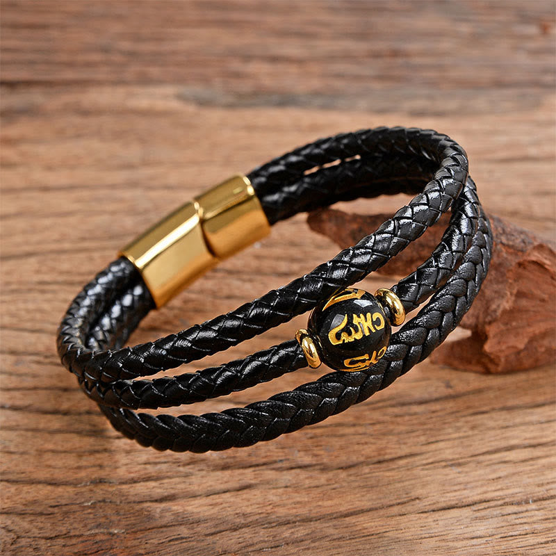 Buddha Stones Multicolored Bead Green Tiger Eye Amethyst Craved Six True Words Leather Balance Bracelet