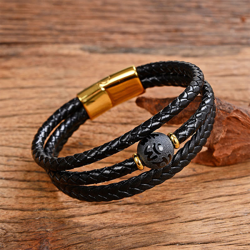 Buddha Stones Multicolored Bead Green Tiger Eye Amethyst Craved Six True Words Leather Balance Bracelet