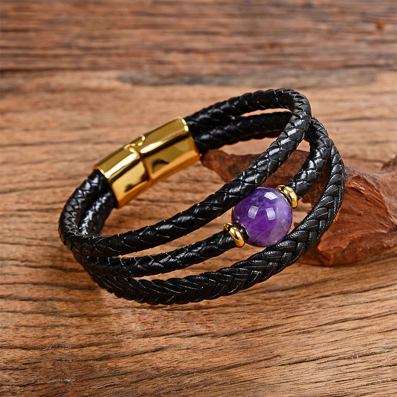 EverestArtStudios Multicolored Bead Green Tiger Eye Amethyst Craved Six True Words Leather Balance Bracelet