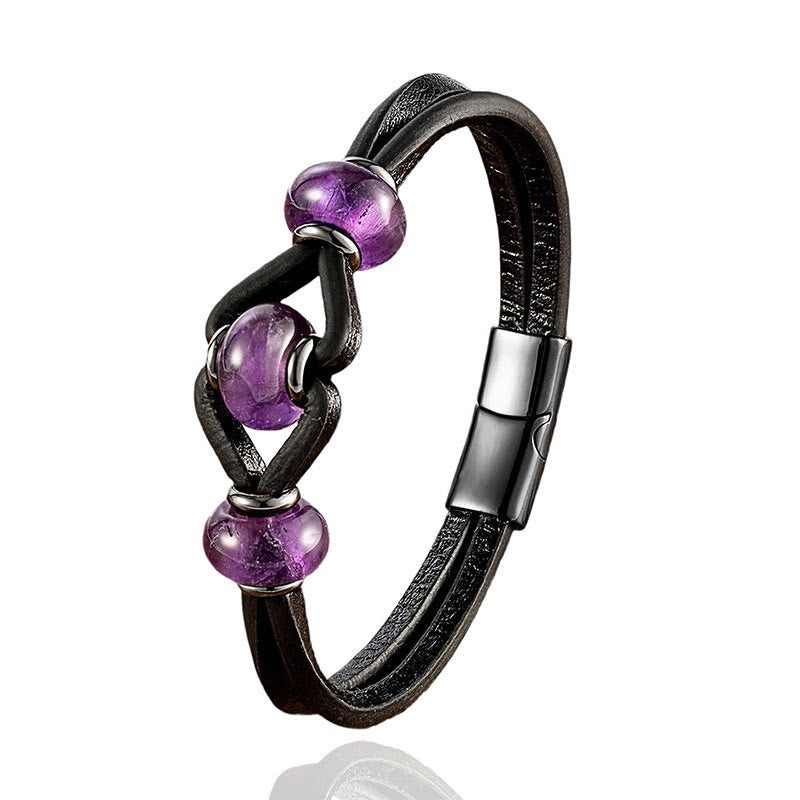 Buddha Stones Amethyst Crystal Stone Double Leather Relieves Stress Round Bracelet