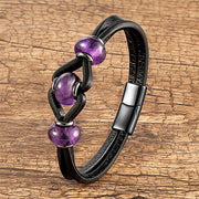 Buddha Stones Amethyst Crystal Stone Double Leather Relieves Stress Round Bracelet