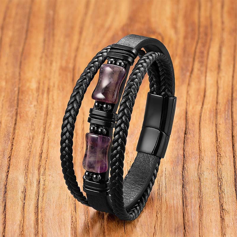 Buddha Stones Green Aventurine Amethyst Black Onyx Pink Crystal Positivity Braided Leather Bracelet
