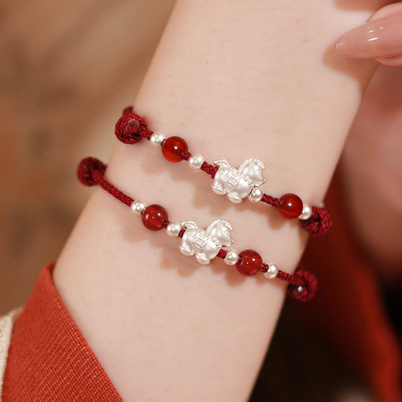 Buddha Stones 999 Sterling Silver Red Agate Year Of The Horse Prosperity String Bracelet